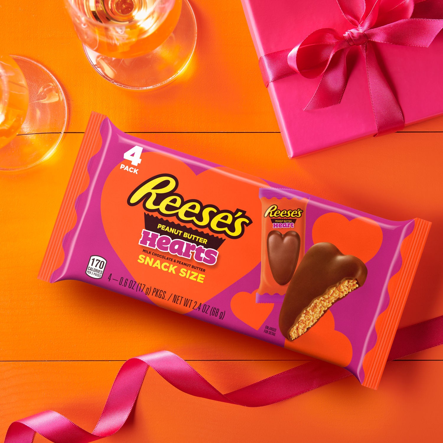 slide 4 of 9, Reese's Milk Chocolate Snack Size Peanut Butter Hearts, Valentine's Candy Packs, 0.6 oz (4 Count), 0.6 oz