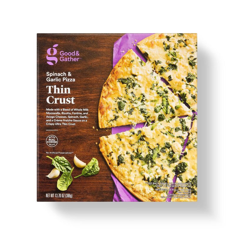 slide 1 of 4, Thin Crust Spinach & Garlic Frozen Pizza - 13.7oz - Good & Gather™, 13.7 oz