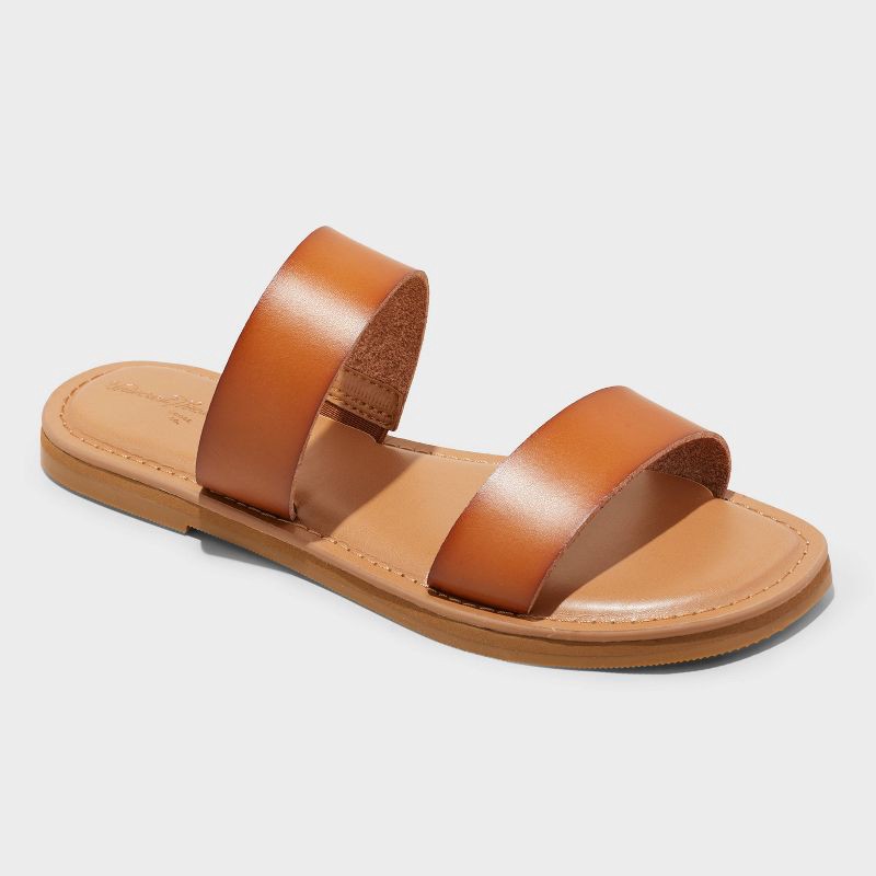 slide 1 of 4, Women's Freya Two Band Slide Sandals - Universal Thread™ Cognac 7: Slip On, Elastic Panel, Contoured Footbed, Open Toe, 1 ct