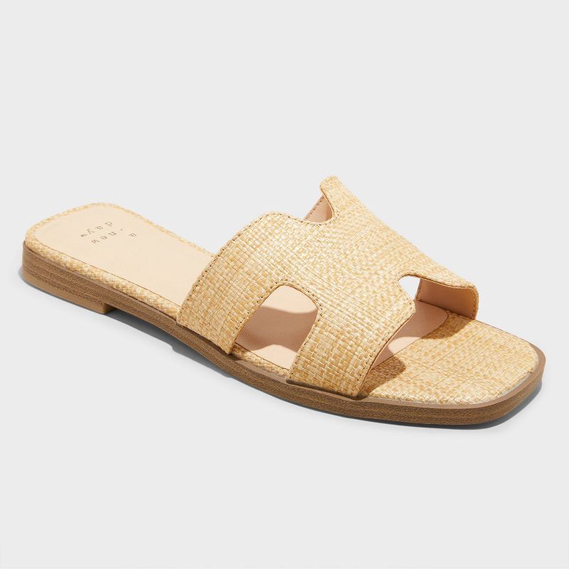 slide 1 of 4, Women's Nina Raffia H-Band Slide Sandals - A New Day™ Beige 6: Slip-On Open Toe, Block Heel, Textured Outsole, 1 ct