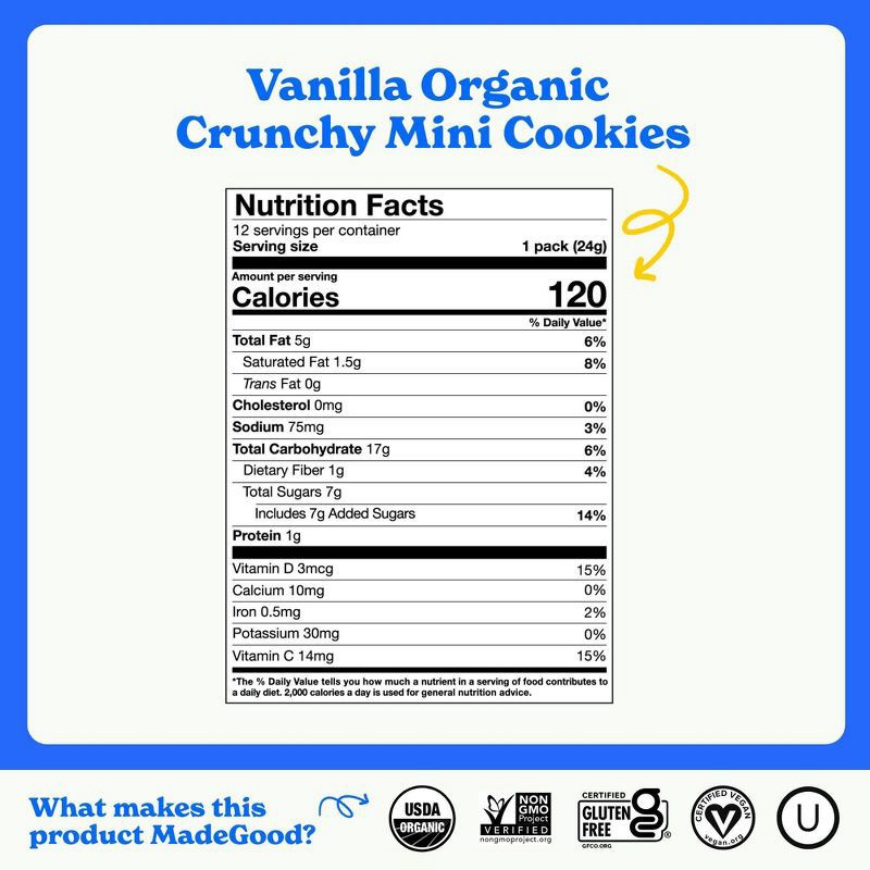 slide 5 of 8, MadeGood Organic Gluten Free Mini Crunchy Cookies Vanilla - 10.2oz/12ct, 10.2 oz, 12 ct