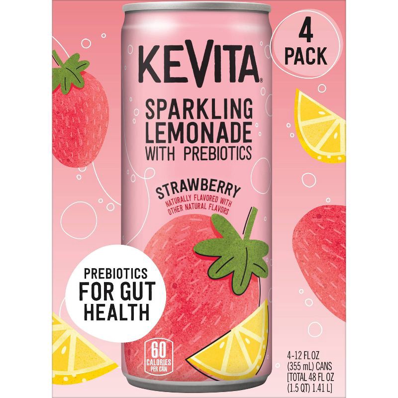 slide 3 of 3, KeVita Sparkling Strawberry Lemonade with Probiotics - 4pk/12 fl oz Cans, 4 ct; 12 fl oz