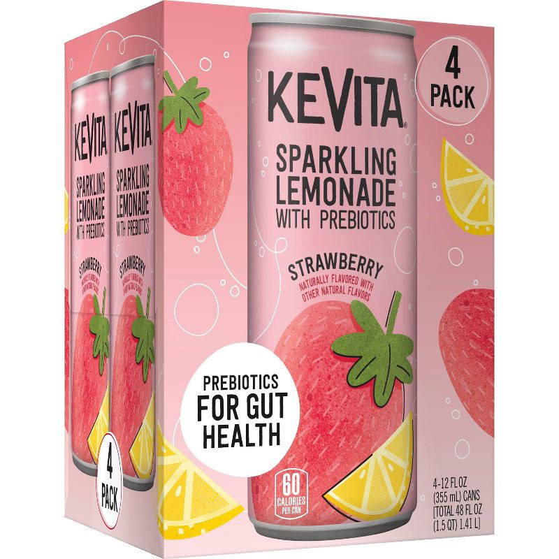 slide 1 of 3, KeVita Sparkling Strawberry Lemonade with Probiotics - 4pk/12 fl oz Cans, 4 ct; 12 fl oz