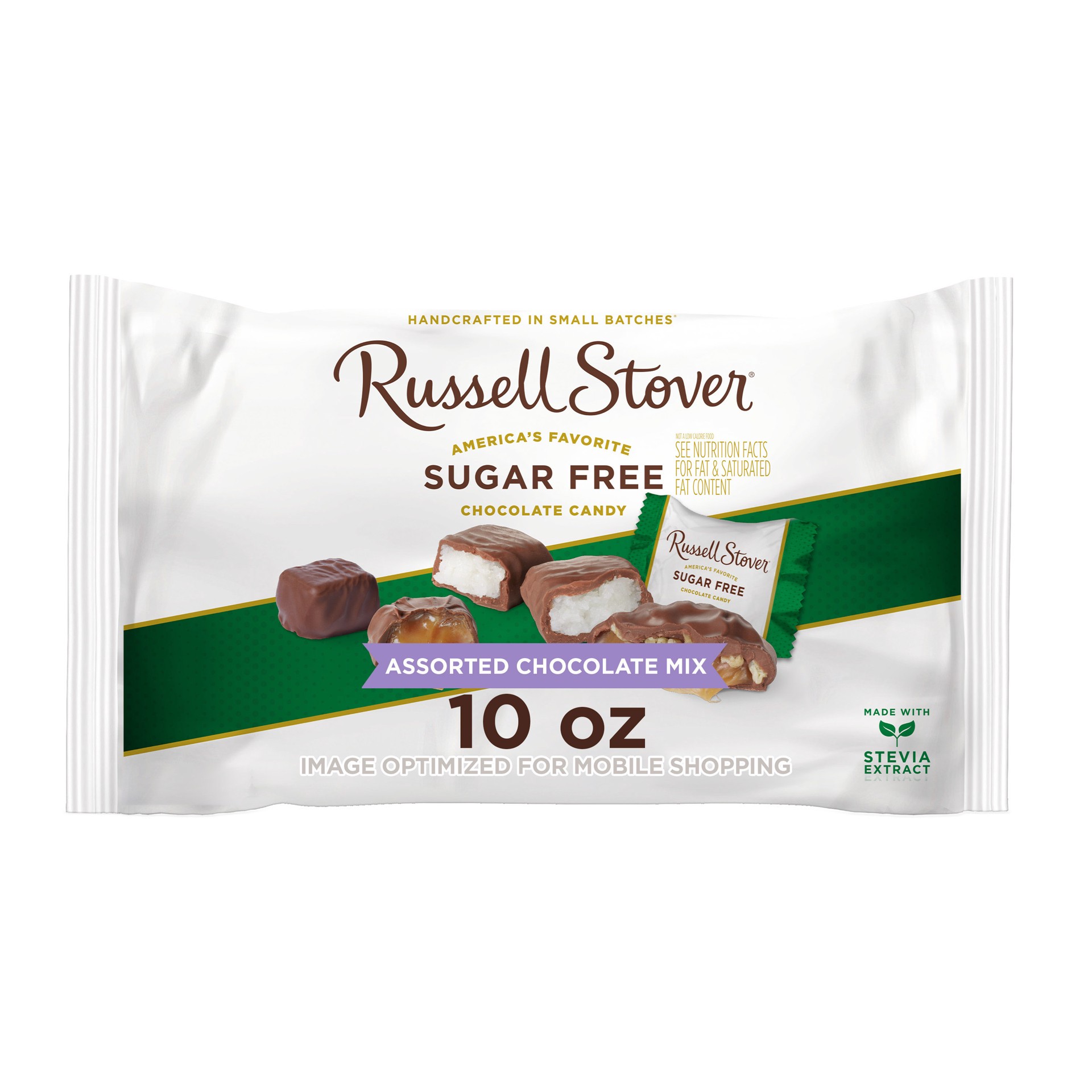 slide 1 of 3, RUSSELL STOVER Sugar Free Assorted 3 Flavor Chocolate Candy Mix, 10 oz. bag (20 pieces), 10 oz