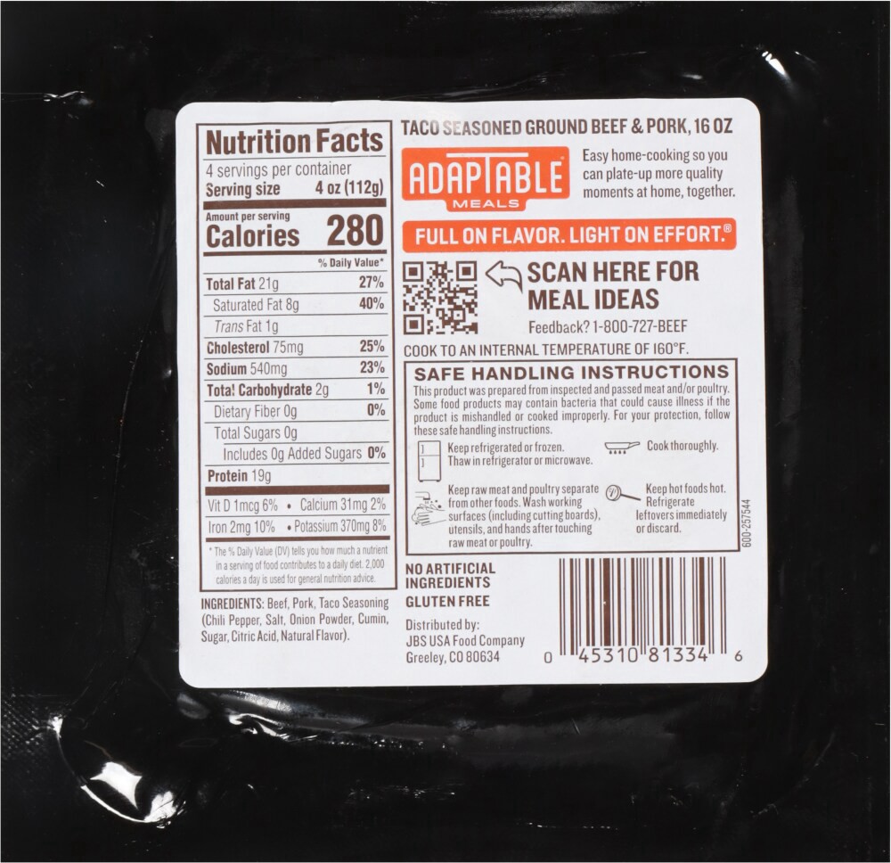 slide 2 of 2, AdapTable Meals® Taco Seasoned Ground Beef & Pork, 16 oz