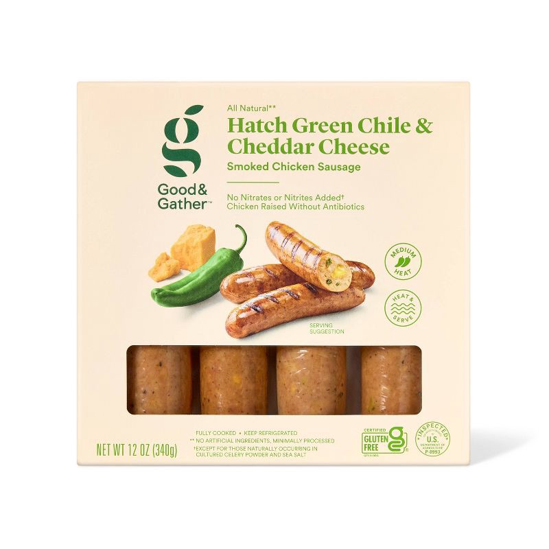 slide 1 of 4, Hatch Green Chile & Cheddar Cheese Smoked Chicken Sausage - 12oz - Good & Gather™, 12 oz