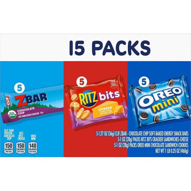 slide 2 of 12, NABISCO Zbar Chocolate Chip Snack Bars, RITZ Bits Crackers and OREO Mini Cookies On The Go Snacks Variety Pack - 16.35oz/15ct, 16.35 oz, 15 ct