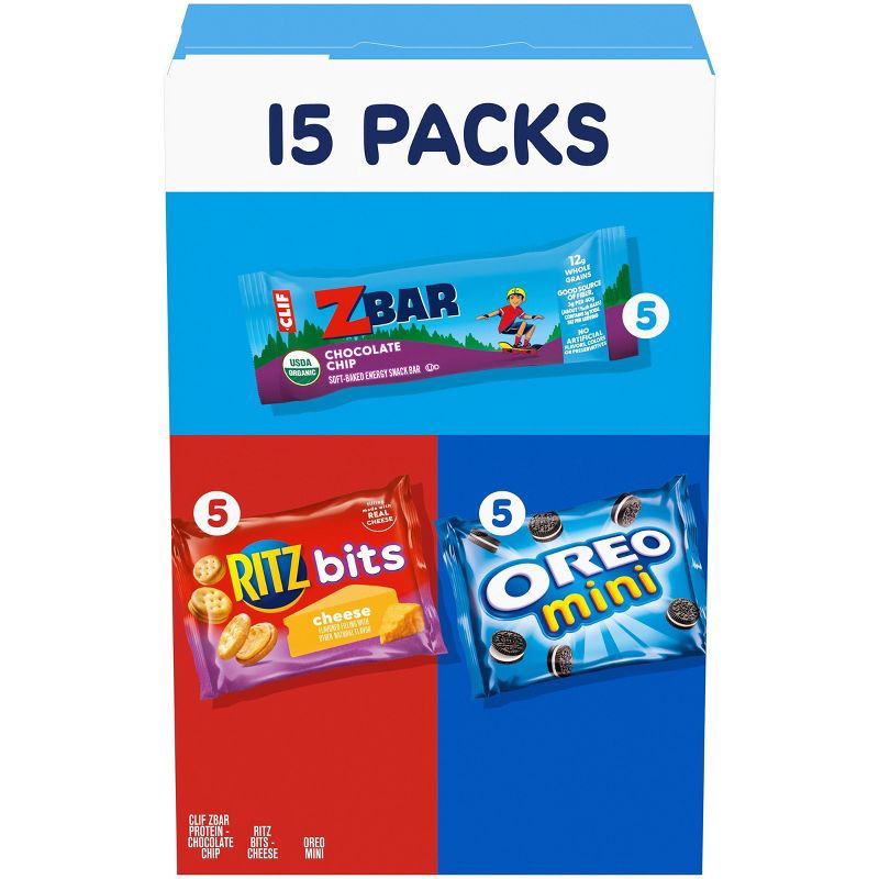 slide 1 of 12, NABISCO Zbar Chocolate Chip Snack Bars, RITZ Bits Crackers and OREO Mini Cookies On The Go Snacks Variety Pack - 16.35oz/15ct, 16.35 oz, 15 ct