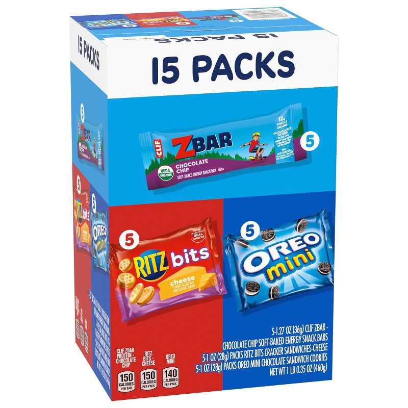 slide 7 of 12, NABISCO Zbar Chocolate Chip Snack Bars, RITZ Bits Crackers and OREO Mini Cookies On The Go Snacks Variety Pack - 16.35oz/15ct, 16.35 oz, 15 ct