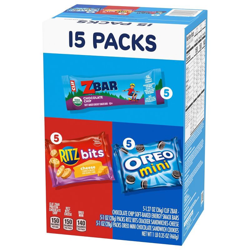 slide 8 of 12, NABISCO Zbar Chocolate Chip Snack Bars, RITZ Bits Crackers and OREO Mini Cookies On The Go Snacks Variety Pack - 16.35oz/15ct, 16.35 oz, 15 ct