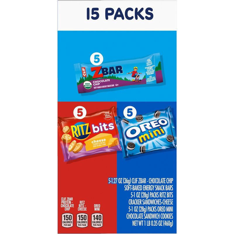 slide 9 of 12, NABISCO Zbar Chocolate Chip Snack Bars, RITZ Bits Crackers and OREO Mini Cookies On The Go Snacks Variety Pack - 16.35oz/15ct, 16.35 oz, 15 ct
