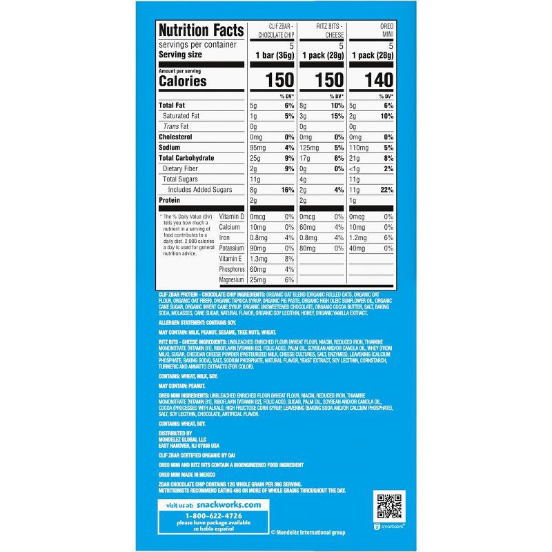 slide 10 of 12, NABISCO Zbar Chocolate Chip Snack Bars, RITZ Bits Crackers and OREO Mini Cookies On The Go Snacks Variety Pack - 16.35oz/15ct, 16.35 oz, 15 ct