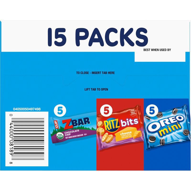slide 11 of 12, NABISCO Zbar Chocolate Chip Snack Bars, RITZ Bits Crackers and OREO Mini Cookies On The Go Snacks Variety Pack - 16.35oz/15ct, 16.35 oz, 15 ct