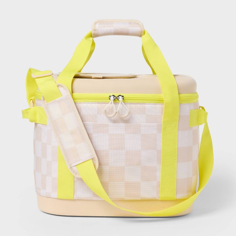 slide 1 of 3, 24 Cans/20.7qt Soft Sided Cooler - Sun Squad™ Beige Checkered/Yellow: Adjustable Straps, 24 cans, 20.7 qt