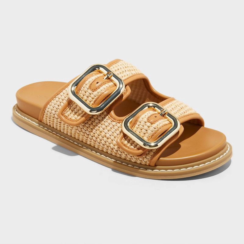 slide 1 of 4, Women's Collin Double Buckle Footbed Sandals - Universal Thread™ Tan 8.5: Slip-On, Contoured Footbed, Open Toe, 1 ct