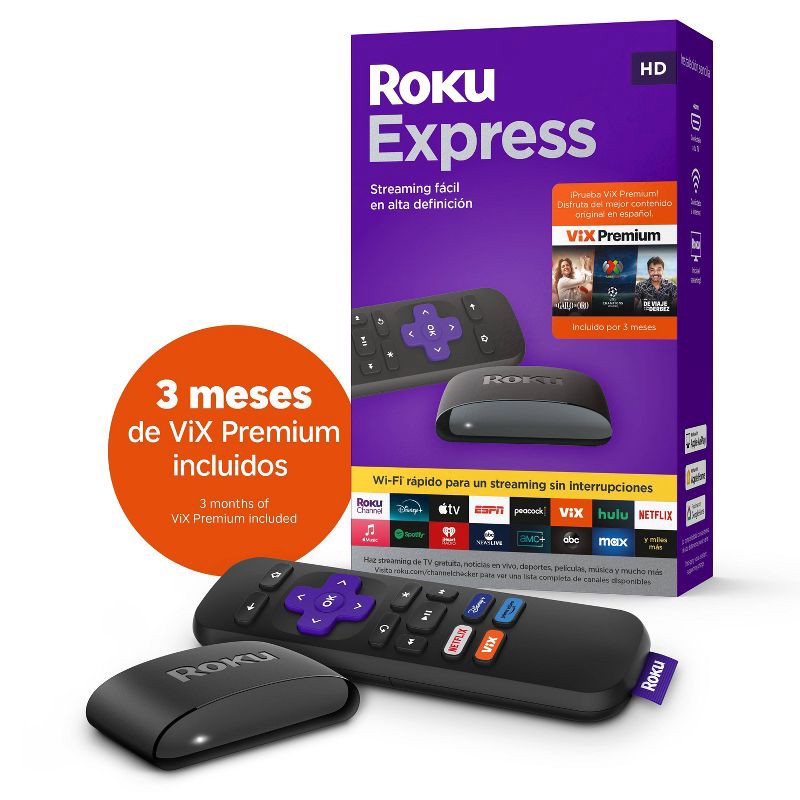 slide 1 of 8, Roku Express (Spanish Edition) HD Streaming Device with VIX Premium: Wi-Fi & Voice Assistant, 1 ct