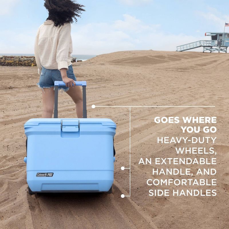 slide 6 of 9, Coleman Pro 92Can/55qt Hard Sided Cooler - Blue Sky: HDPE Construction, Wheels, 92can, 55 qt