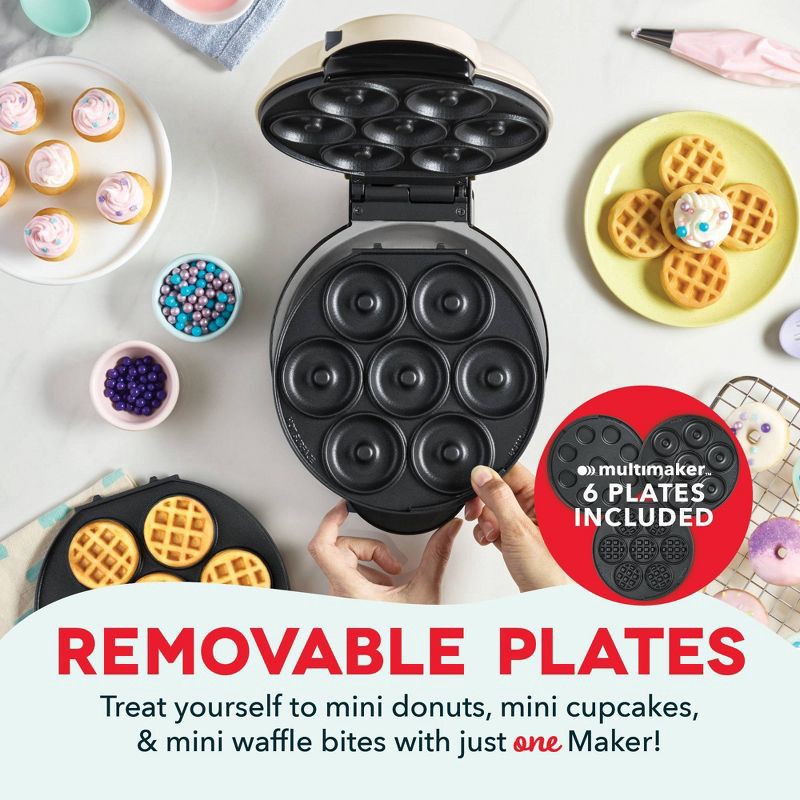 slide 3 of 7, Dash MultiMaker Treat Maker System with Waffle Bite, Mini Donut, & Mini Cupcake Plates Cream: Nonstick, 7 Cavities, 800W, 1 ct