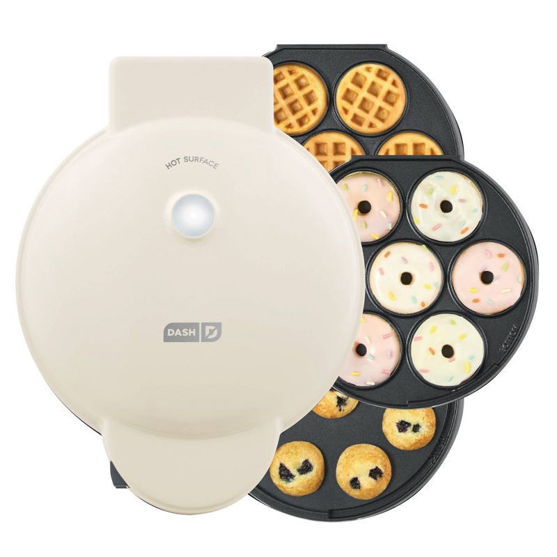 slide 1 of 7, Dash MultiMaker Treat Maker System with Waffle Bite, Mini Donut, & Mini Cupcake Plates Cream: Nonstick, 7 Cavities, 800W, 1 ct