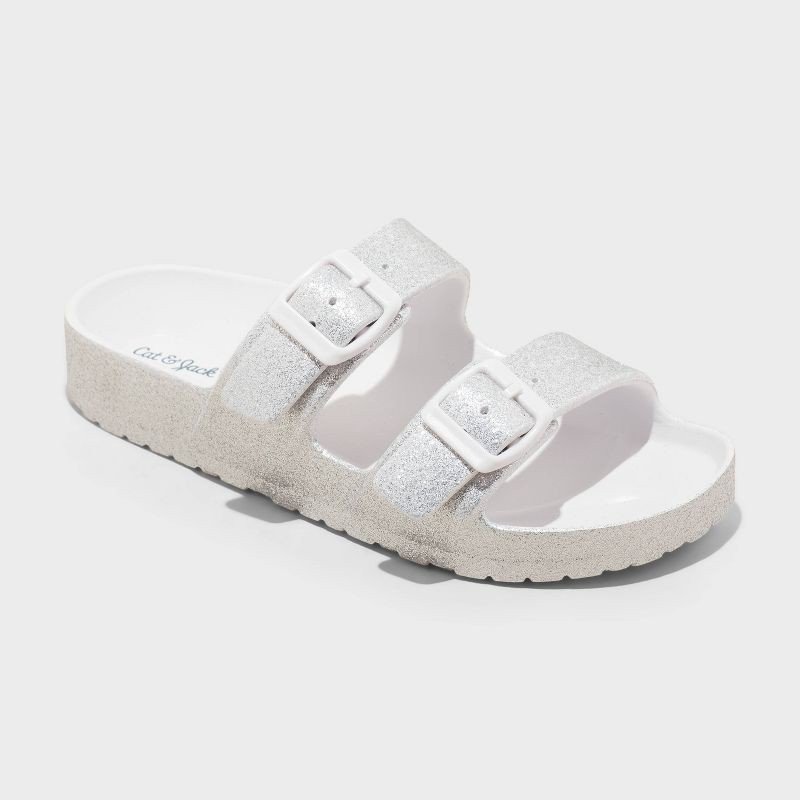 slide 1 of 4, Kids' Noa Blown EVA Footbed Sandals - Cat & Jack™ Silver 13™: Slip-On, Contoured Footbed, Double Straps, Open Toe, 1 ct