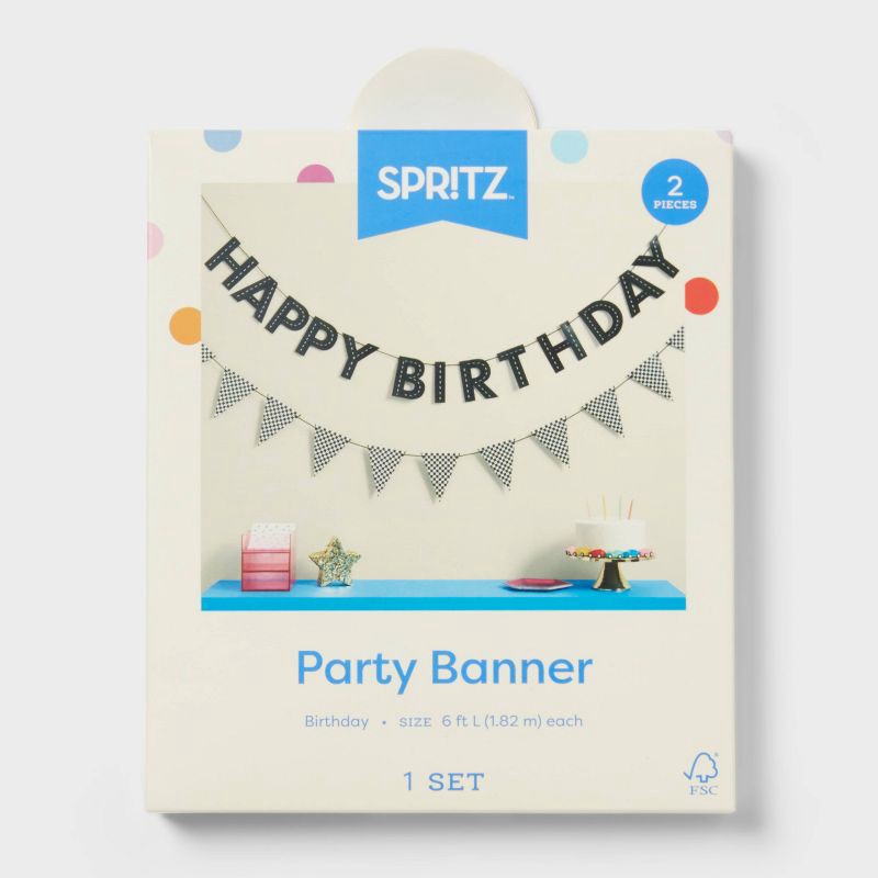 slide 3 of 3, Black Checkered Happy Birthday Banner - Spritz™, 1 ct