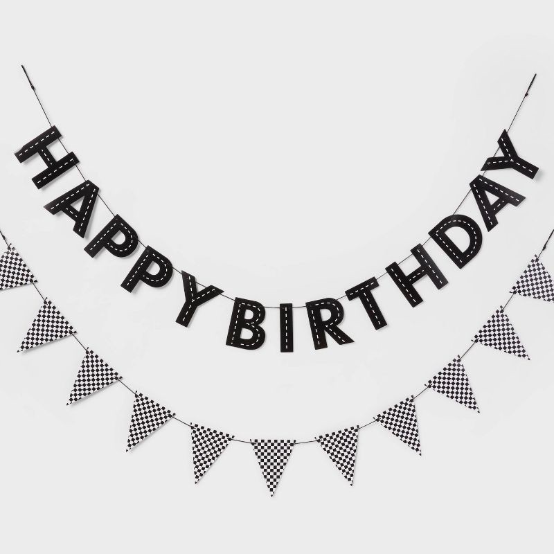 slide 1 of 3, Black Checkered Happy Birthday Banner - Spritz™, 1 ct