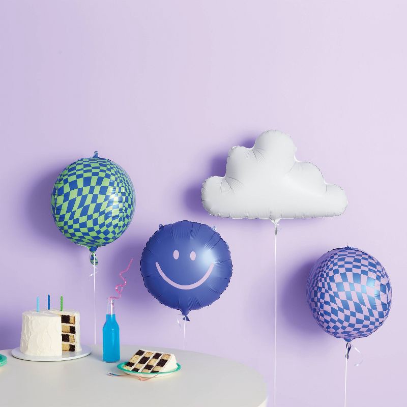 slide 2 of 3, Retro Smiley, Checkered, and Cloud Balloon 4pk - Spritz™, 4 ct