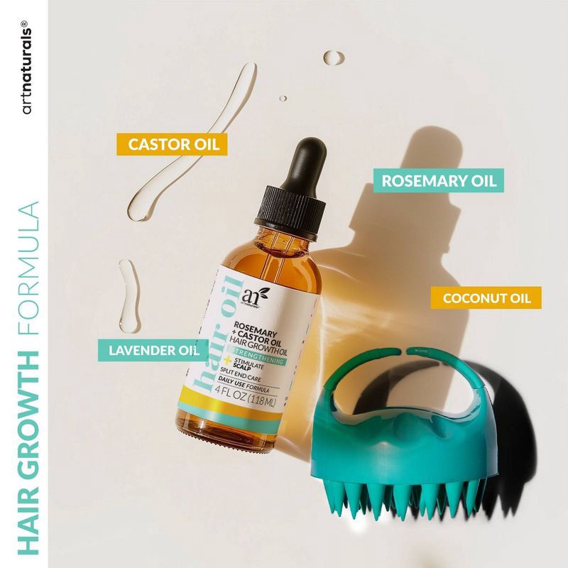 slide 3 of 6, artnaturals Rosemary + Castor Hair Growth Oil with Scalp Brush - 4 fl oz, 4 fl oz
