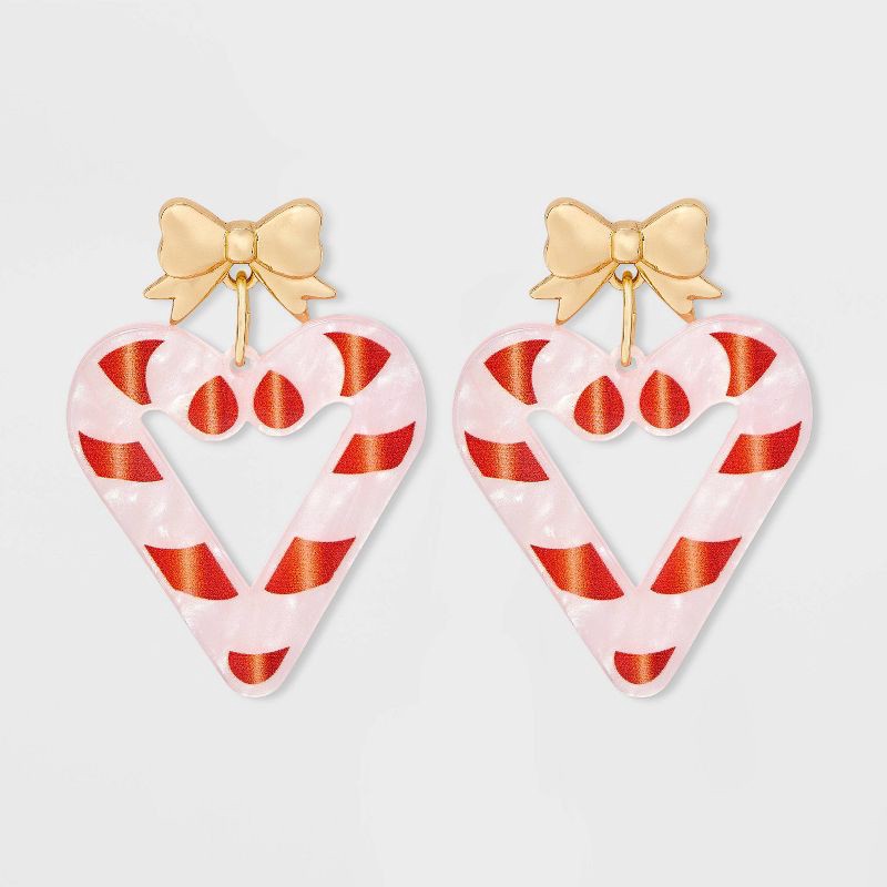 slide 1 of 2, Holiday Candy Cane Heart Bow Post Drop Earrings - Gold/Pink/Red, 1 ct