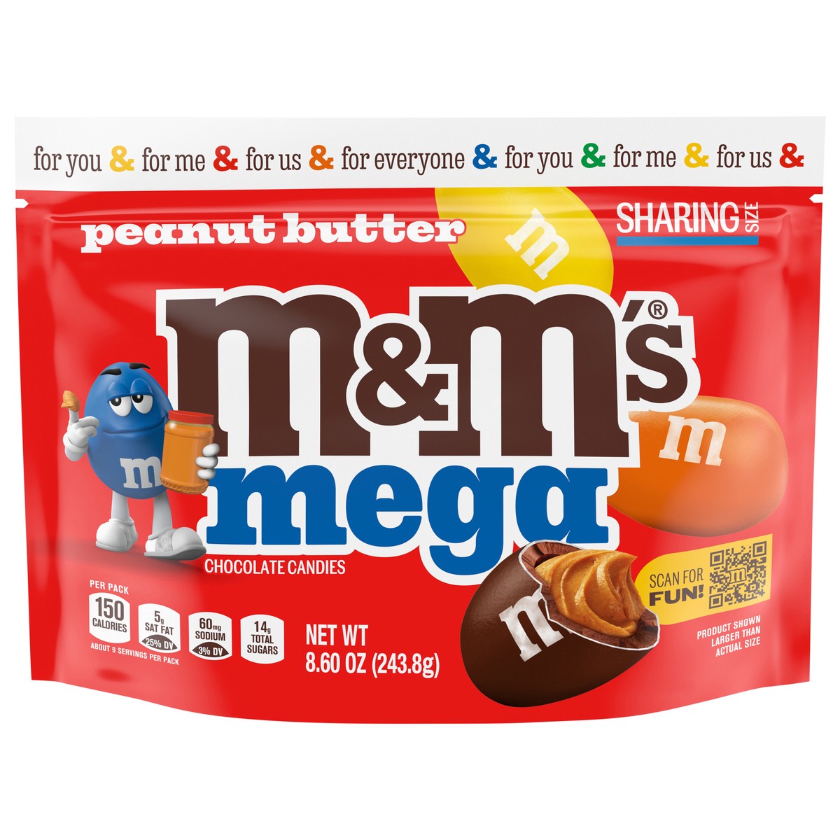slide 1 of 15, M&M'S Mega Peanut Butter Chocolate Candy, Sharing Size, 8.6 Oz Resealable Bag, 8.6 oz