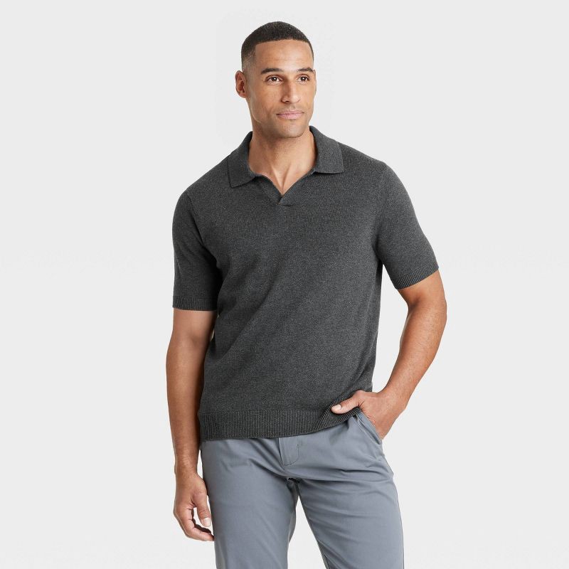 slide 1 of 3, Men's Short Sleeve Johnny Collar Sweater - Goodfellow & Co™ Charcoal Gray L: Lightweight Pullover, 1 ct