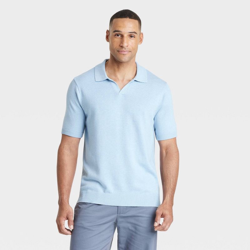 slide 1 of 3, Men's Short Sleeve Johnny Collar Sweater - Goodfellow & Co™ Blue XXL: Lightweight Cotton Blend, Casual Fit Pullover, 1 ct