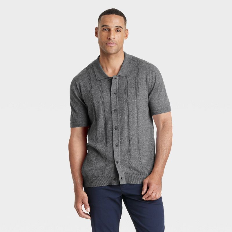 slide 1 of 3, Men's Short Sleeve Cardigan - Goodfellow & Co™ Charcoal Gray S: Lightweight Jersey, Polo Collar, 1 ct