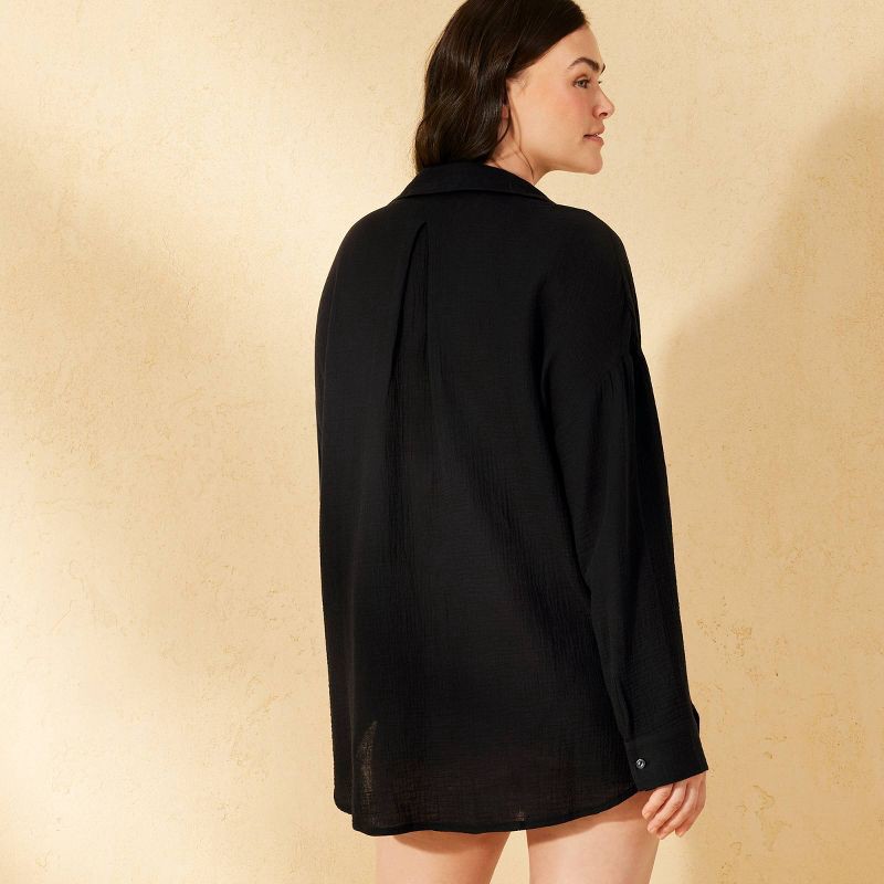 slide 5 of 7, Women's Gauze Cover Up Shirtdress - Shade & Shore™ Black S: Cotton, Front Button, Banded Collar, Long Sleeve, Patch Pocket, 1 ct