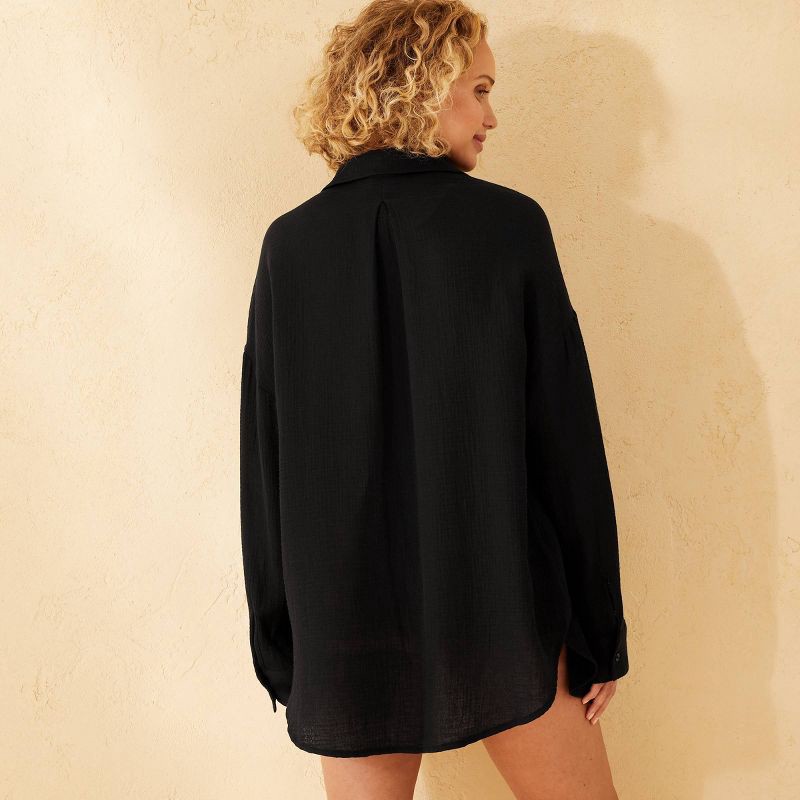 slide 2 of 7, Women's Gauze Cover Up Shirtdress - Shade & Shore™ Black L: Cotton, Long Sleeve, Banded Collar, Patch Pocket, 1 ct