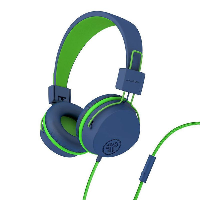 slide 2 of 3, JLab JBuddies Studio Wired Headphones - Blue/Green: Foam Ear Cushion, 3.5mm Jack, 1 ct