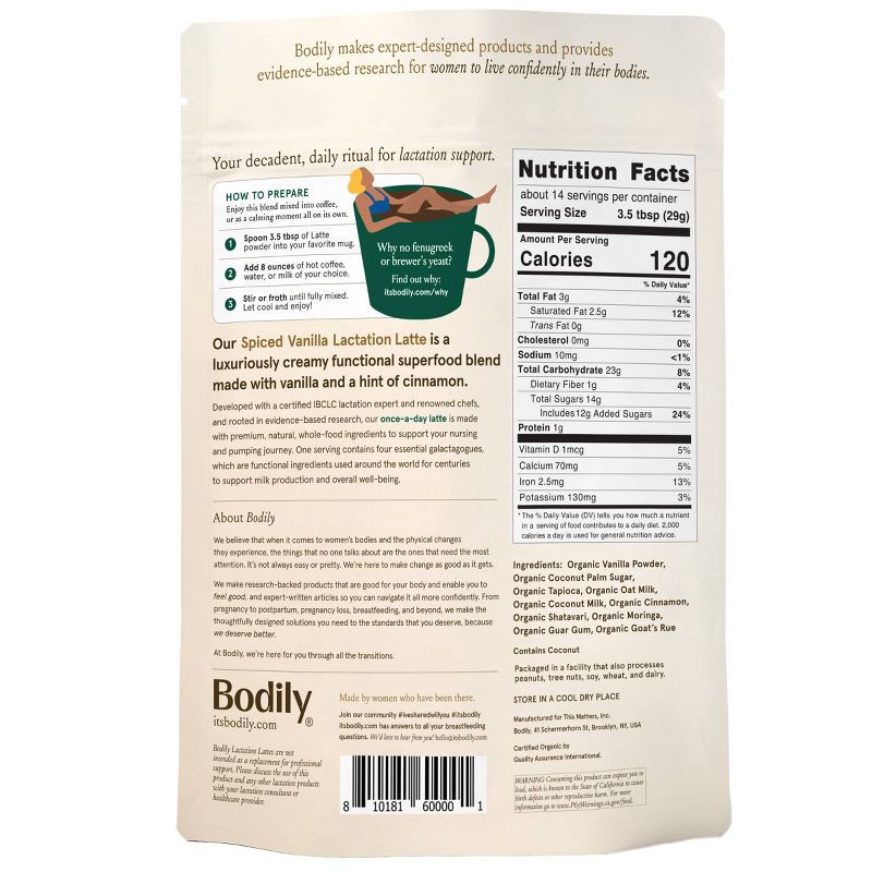 slide 2 of 10, Bodily Organic Vegan Lactation Latte Powder, Lactation Support for Breastfeeding - Spiced Vanilla - 14.67oz, 14.67 oz