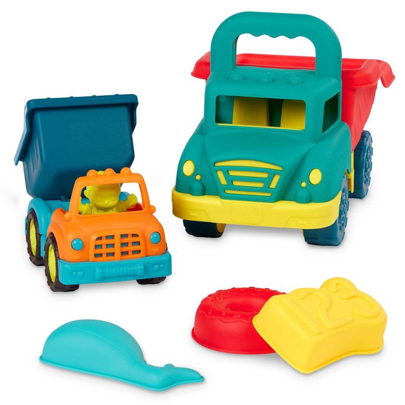 slide 3 of 6, B. toys Grab-n-Go Truck Set 2 Toy Dump Trucks & 3 Sand Molds, 1 ct