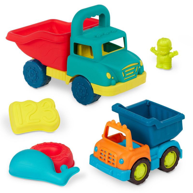 slide 1 of 6, B. toys Grab-n-Go Truck Set 2 Toy Dump Trucks & 3 Sand Molds, 1 ct