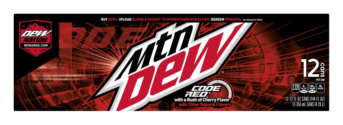 slide 1 of 9, Mountain Dew Code Red Soda DEW With A Rush Of Cherry 12 Fl Oz 12 Count, 12 ct; 12 fl oz