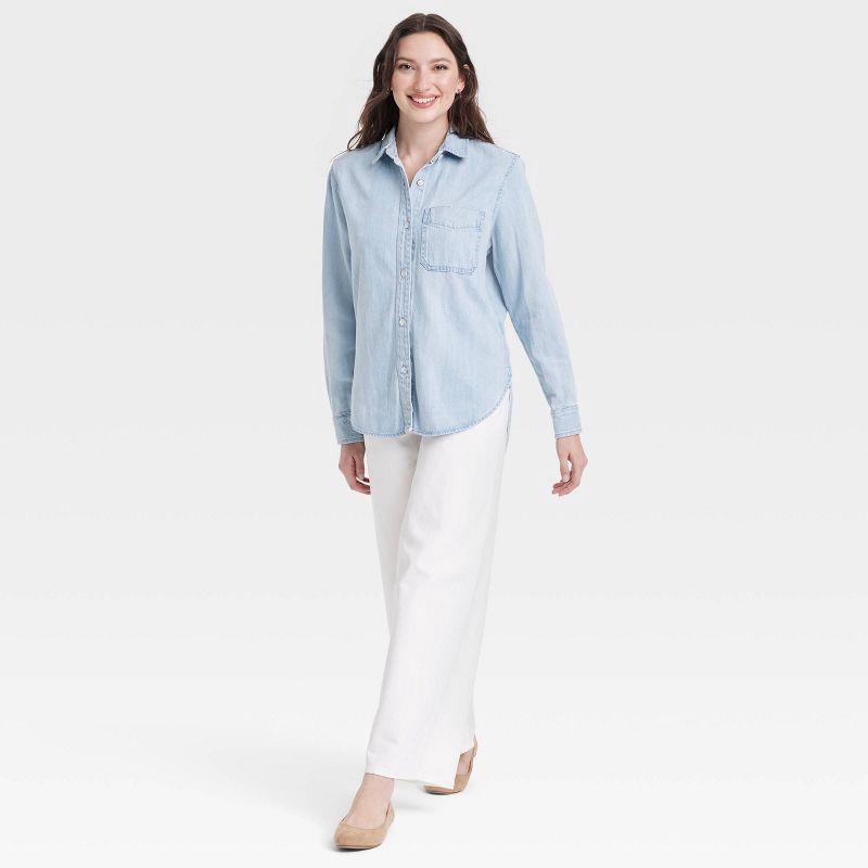 slide 1 of 3, Women's Relaxed Fit Denim Button-Down Shirt - Universal Thread™ Light Wash XS: Midweight, Front Pocket, Collared, 1 ct