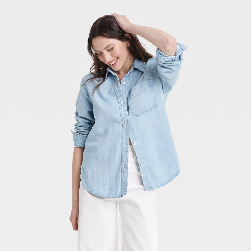 slide 3 of 3, Women's Relaxed Fit Denim Button-Down Shirt - Universal Thread™ Light Wash S: Midweight, Long Sleeve, Front Pocket, 1 ct