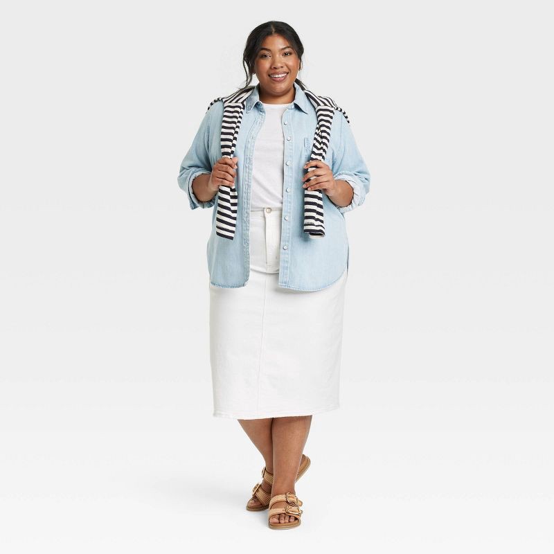 slide 3 of 3, Women's Relaxed Fit Denim Button-Down Shirt - Universal Thread™ Light Wash XXL: Midweight Cotton Blend, Front Pocket, Collared, 1 ct