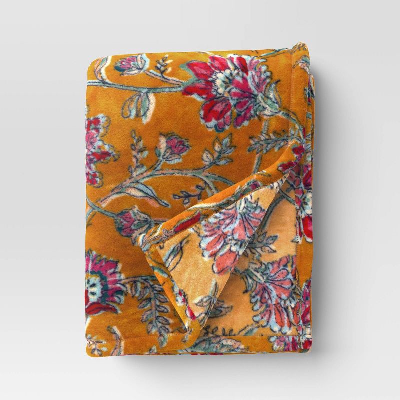 slide 1 of 5, Oversized Printed Floral Primalush Throw Blanket Gold - Threshold™, 1 ct
