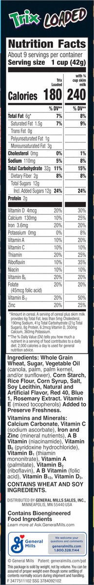 slide 9 of 14, Trix Loaded Cereal, Fruity Flavored Cereal With Artificially Flavored Vanilla Crème Filling, Made With Whole Grain, Large Size, 13 oz, 13 oz