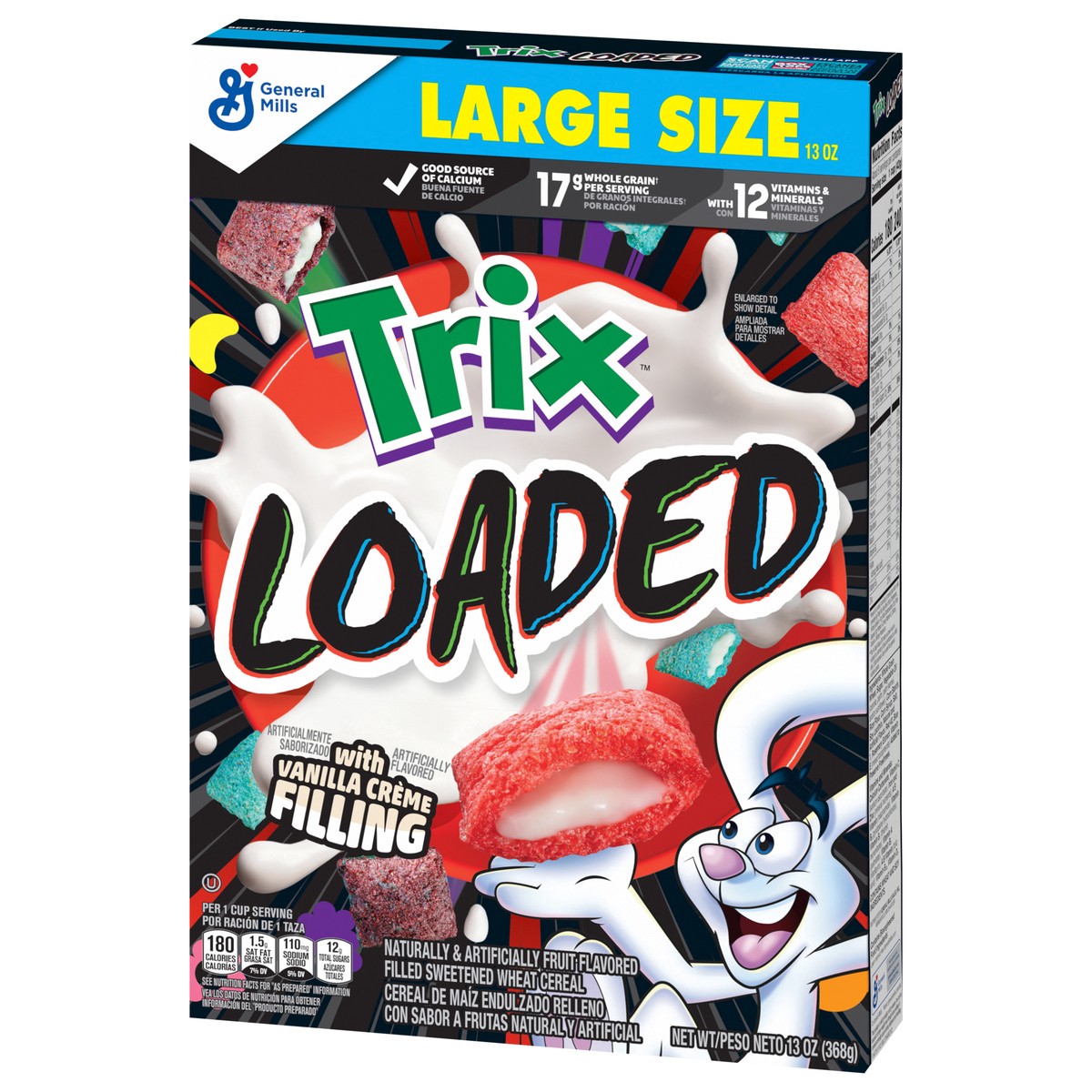 slide 14 of 14, Trix Loaded Cereal, Fruity Flavored Cereal With Artificially Flavored Vanilla Crème Filling, Made With Whole Grain, Large Size, 13 oz, 13 oz