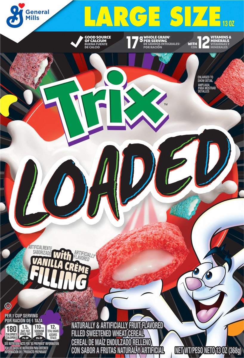 slide 11 of 14, Trix Loaded Cereal, Fruity Flavored Cereal With Artificially Flavored Vanilla Crème Filling, Made With Whole Grain, Large Size, 13 oz, 13 oz