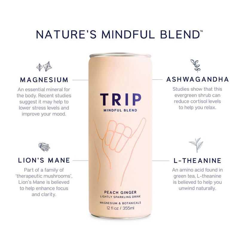 slide 4 of 9, Trip Mindful Blend Peach Ginger Lightly Sparkling Botanical - 12 fl oz Can, 12 fl oz
