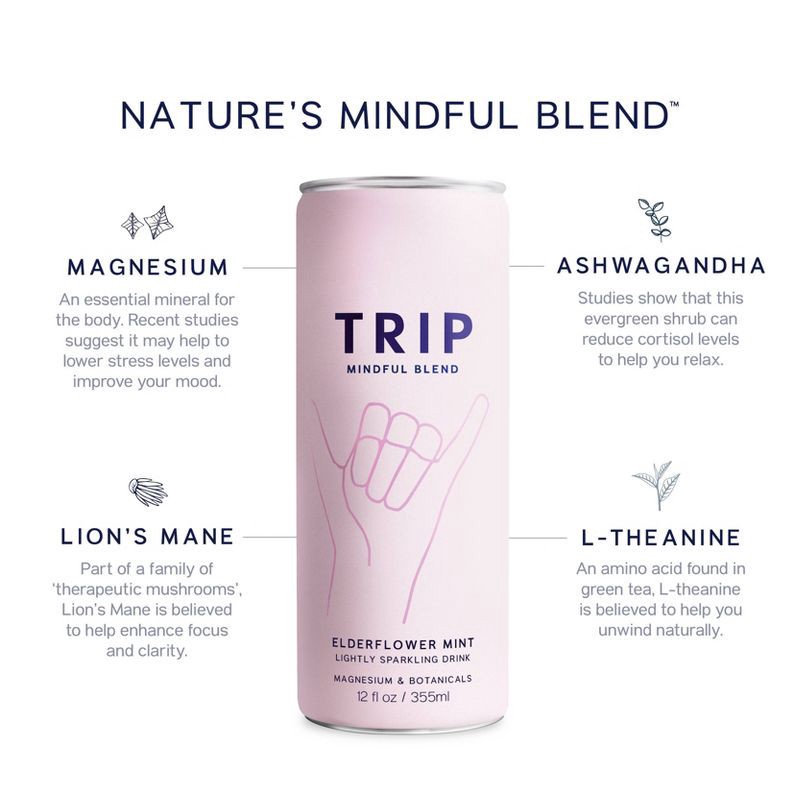 slide 4 of 8, Trip Mindful Blend Elderflower Mint Lightly Sparkling Botanical - 12 fl oz Can, 12 fl oz