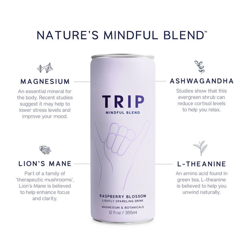 slide 4 of 8, Trip Mindful Blend Raspberry Orange Blossom Lightly Sparkling Botanical - 12 fl oz Can, 12 fl oz